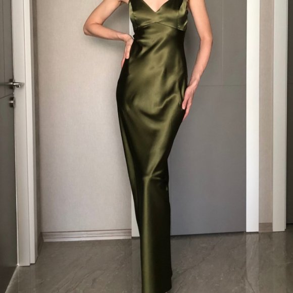Bias-Cut Silk-Satin Gown in Olive Sheen - Picture 1 of 16